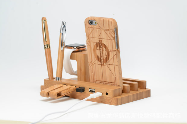 Compatible with Apple  Bamboo, wood and Mobile apple watch bracket charging wooden bracket multi-function flat cell phone base